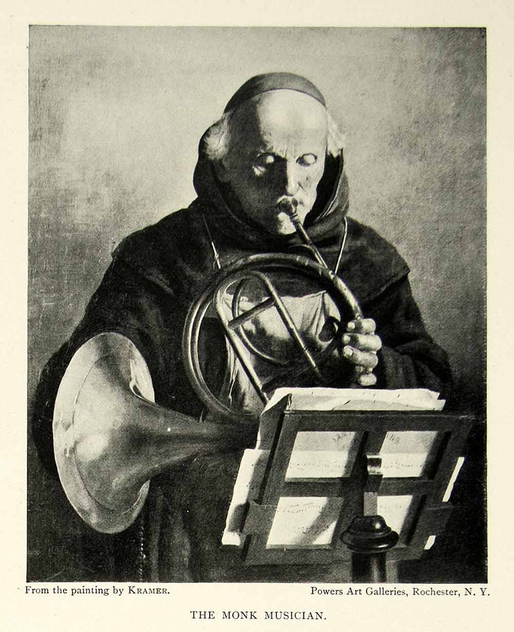 1895 Print Monk Musician French Horn Sheet Music Stand Portrait Painting Art