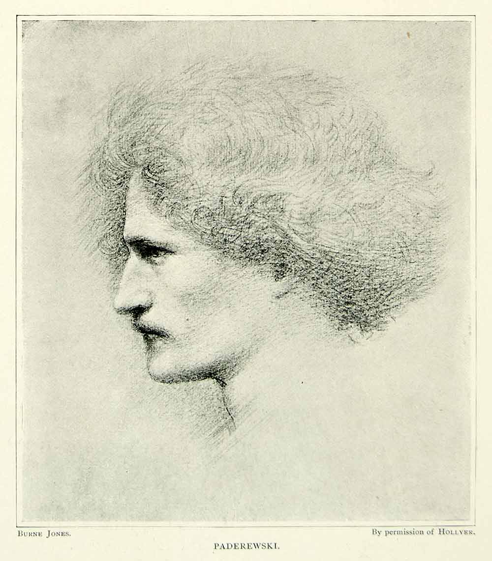 1895 Print Ignacy Jan Paderewski Pianist Portrait Edward Burne-Jones Drawing Art