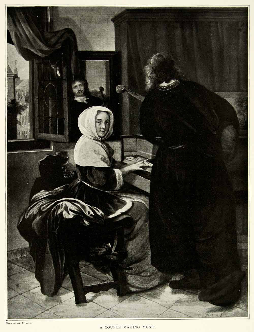 1895 Print Pieter De Hooch Couple Making Music Instruments Piano Lute Song Art - Period Paper
