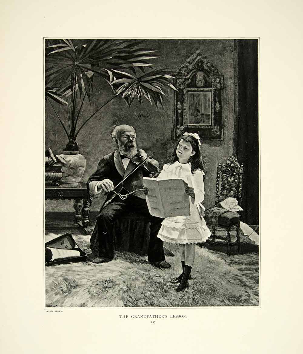 1895 Print Grandfather's Lesson Violin Child Girl Singing Music Anthonissen Art