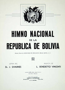 1949 Sheet Music Bolivia Himno Nacional National Anthem Song Benedetto XME7