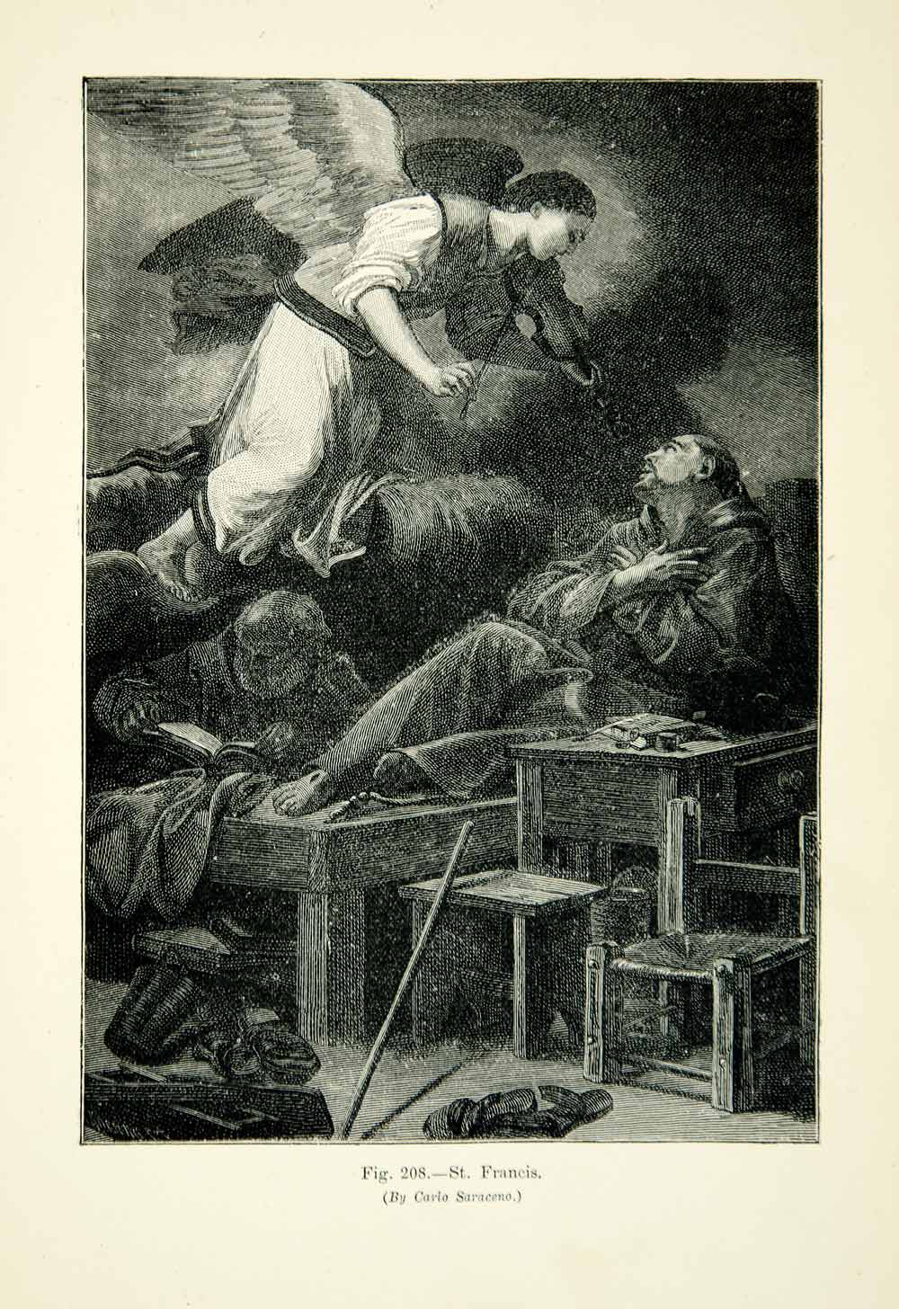 1886 Wood Engraving Carlo Saraceni Art Baroque Vision Saint Francis Angel XMG6