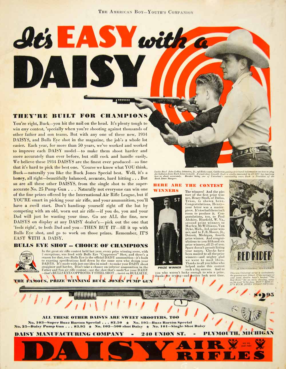 1934 Ad Buck Jones Pump Gun Daisy Air Rifle Cowboy Toy 240 Union St YAB2