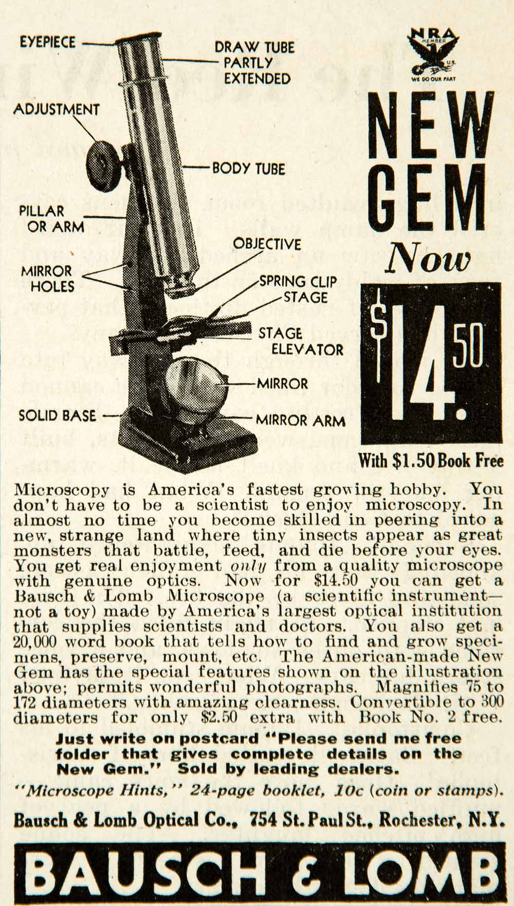 1934 Ad Bausch Lomb Optical 754 St Paul St Rochester NY New Gem Microscope YAB2