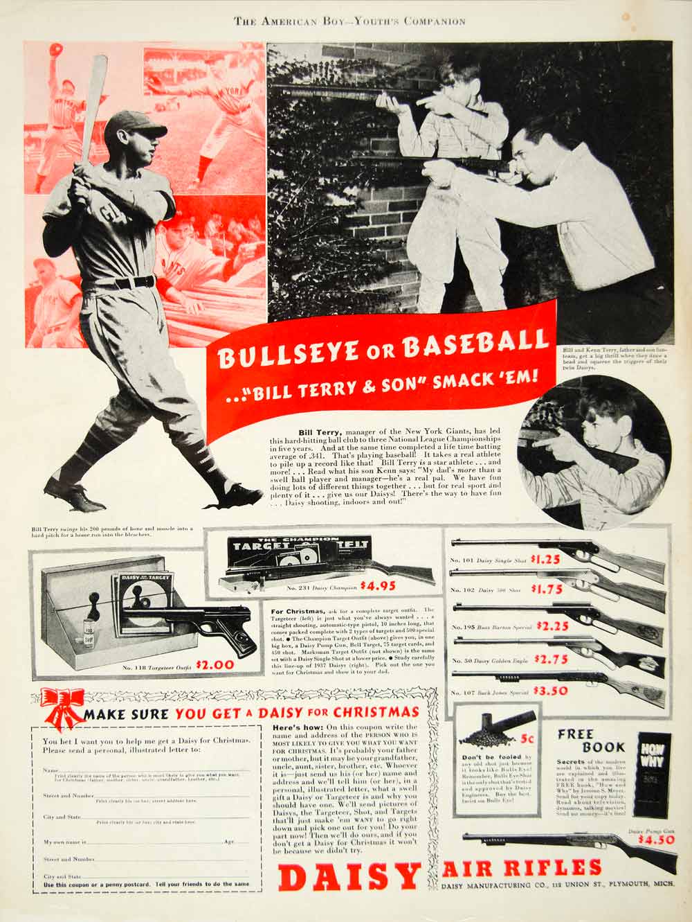 1937 Ad Daisy Air Rifle 112 Union St Plymouth MI Bulls Eye Baseball Bill YAB3