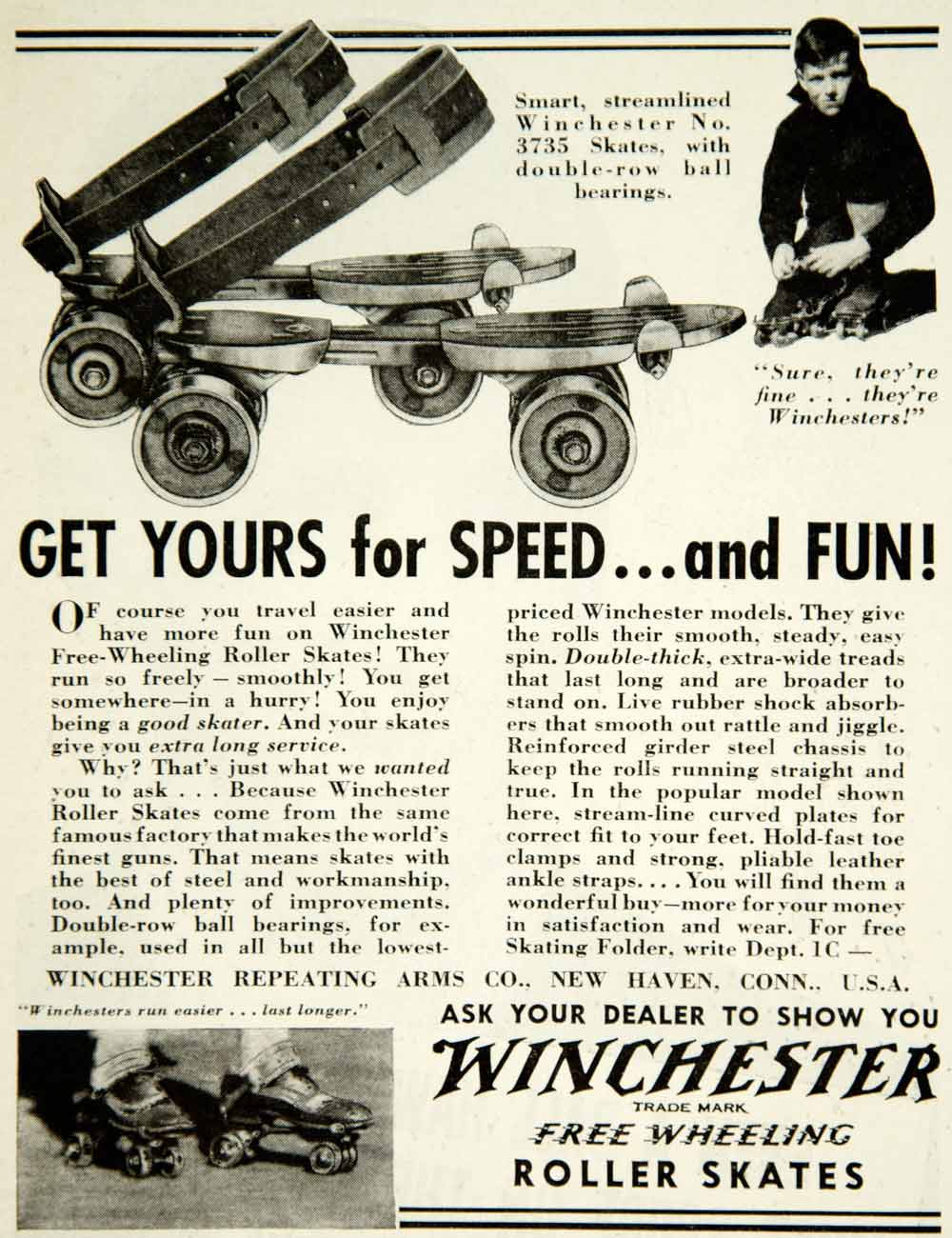 1938 Ad Winchester Free Wheeling Roller Skates New Haven CT Sporting Goods YAB3