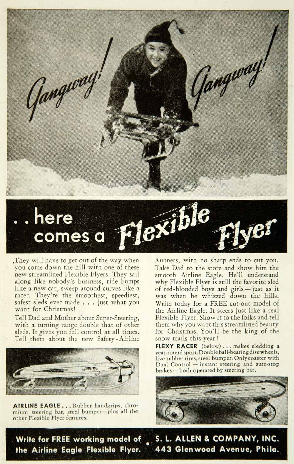 1938 Ad SL Allen 443 Glenwood Ave Philadelphia PA Flexible Flyer Snow Sled YAB3