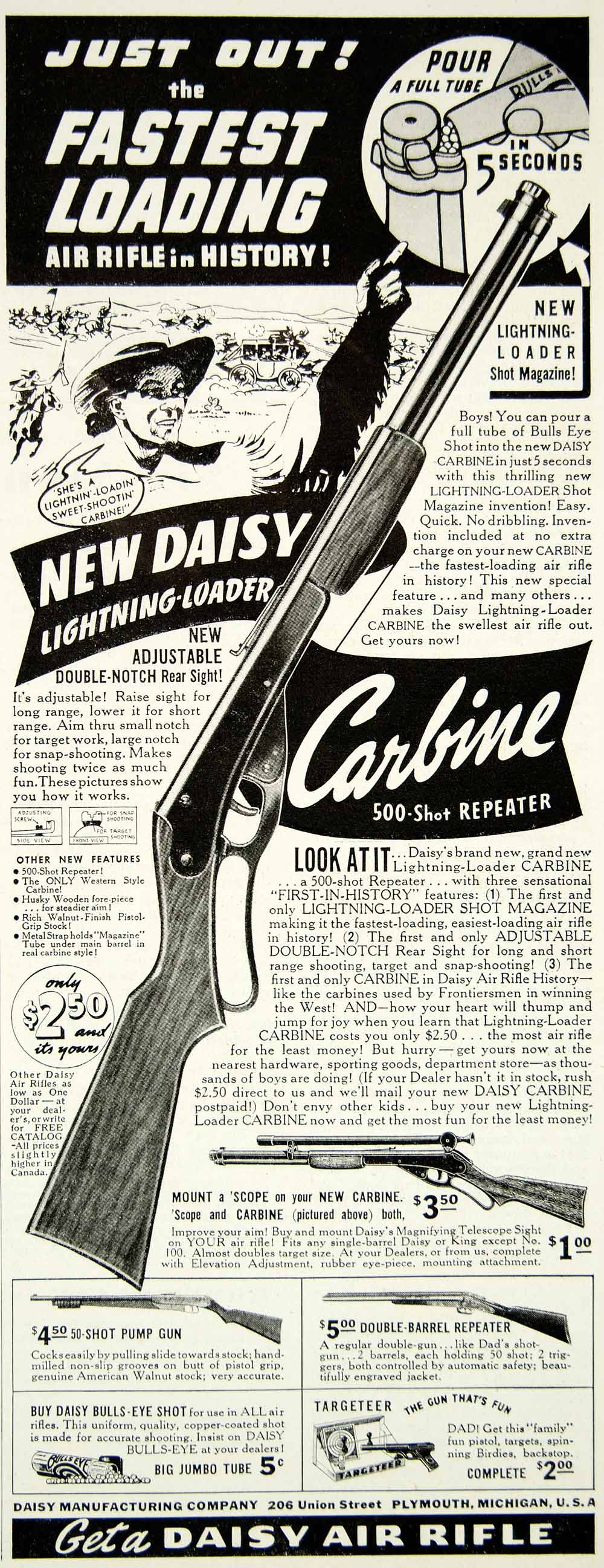 1939 Ad Daisy Air Rifle Lightning Loader Carbine BB Gun 206 Union St YAB3