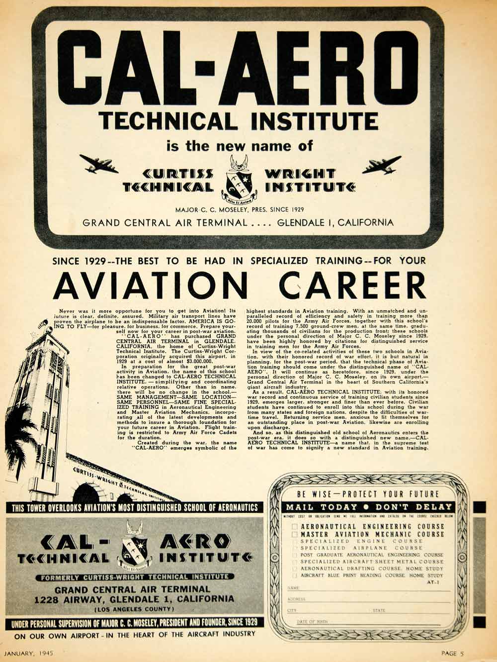 1945 Ad Cal-Aero Technical Institute Curtiss-Wright 1228 Airway Glendale CA YAT1