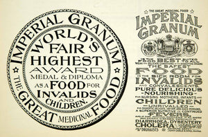 1894 Ad Imperial Granum Medicinal Food John Carle Sons Druggist NY Worlds YBM2