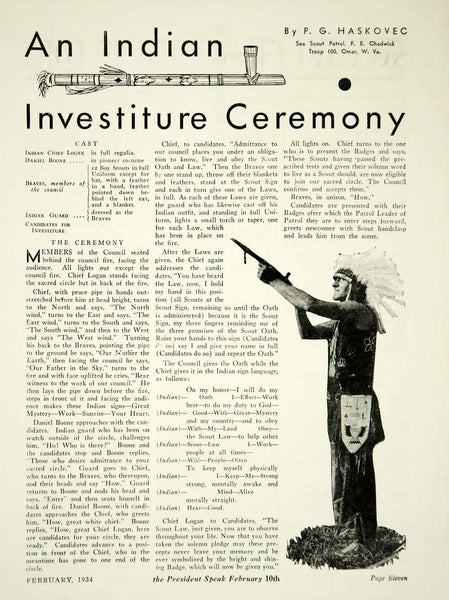 1934 Article Boy Scouts Indian Investiture Ceremony PG Haskovec Native –  Period Paper Historic Art LLC