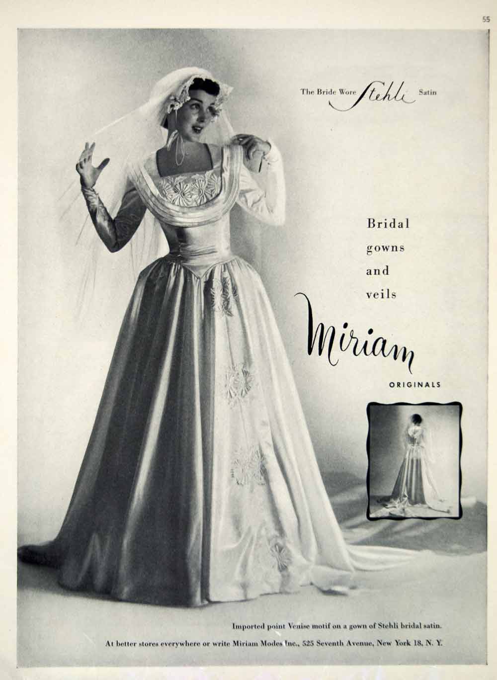 1949 Ad Vintage Stehli Satin Wedding Dress Bridal Gown Bride Veil Miriam YBSM1