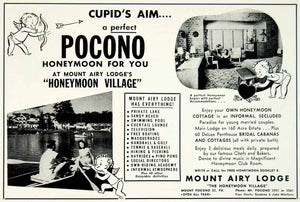 1956 Ad Mount Airy Lodge Pocono Honeymoon Cottage Cupid Newlyweds YBSM1