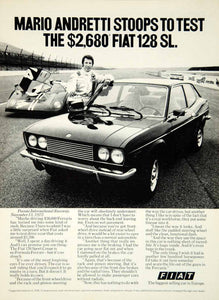 1973 Ad Fiat 128SL 2 Door Sport Coupe Import Car Mario Andretti Pocono YCD9