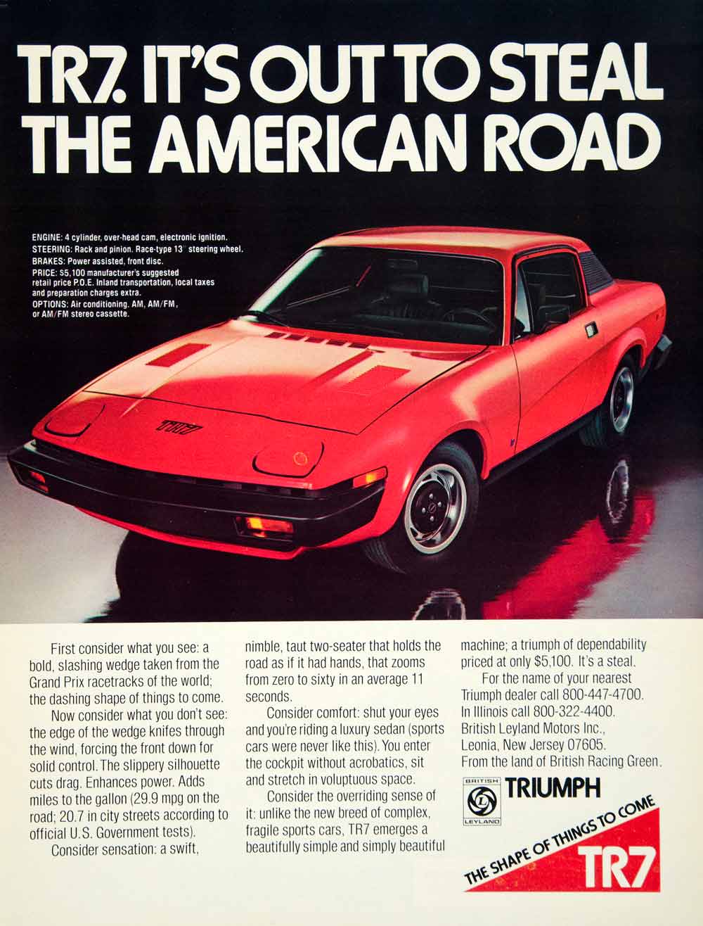 1975 Ad Triumph TR7 2 Door Sports Car UK Import Coupe 2.0L I4 Engine Harris YCD9