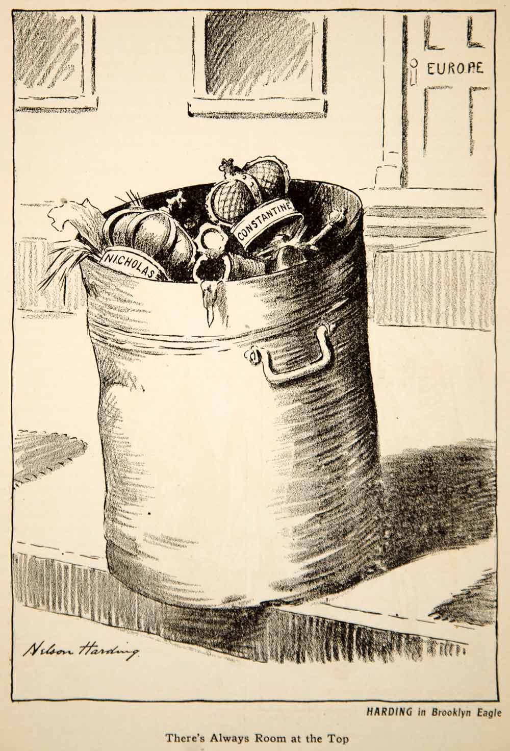 1917 Print WWI Cartoon Nelson Harding King Constantine Tsar Nicholas Trash Can