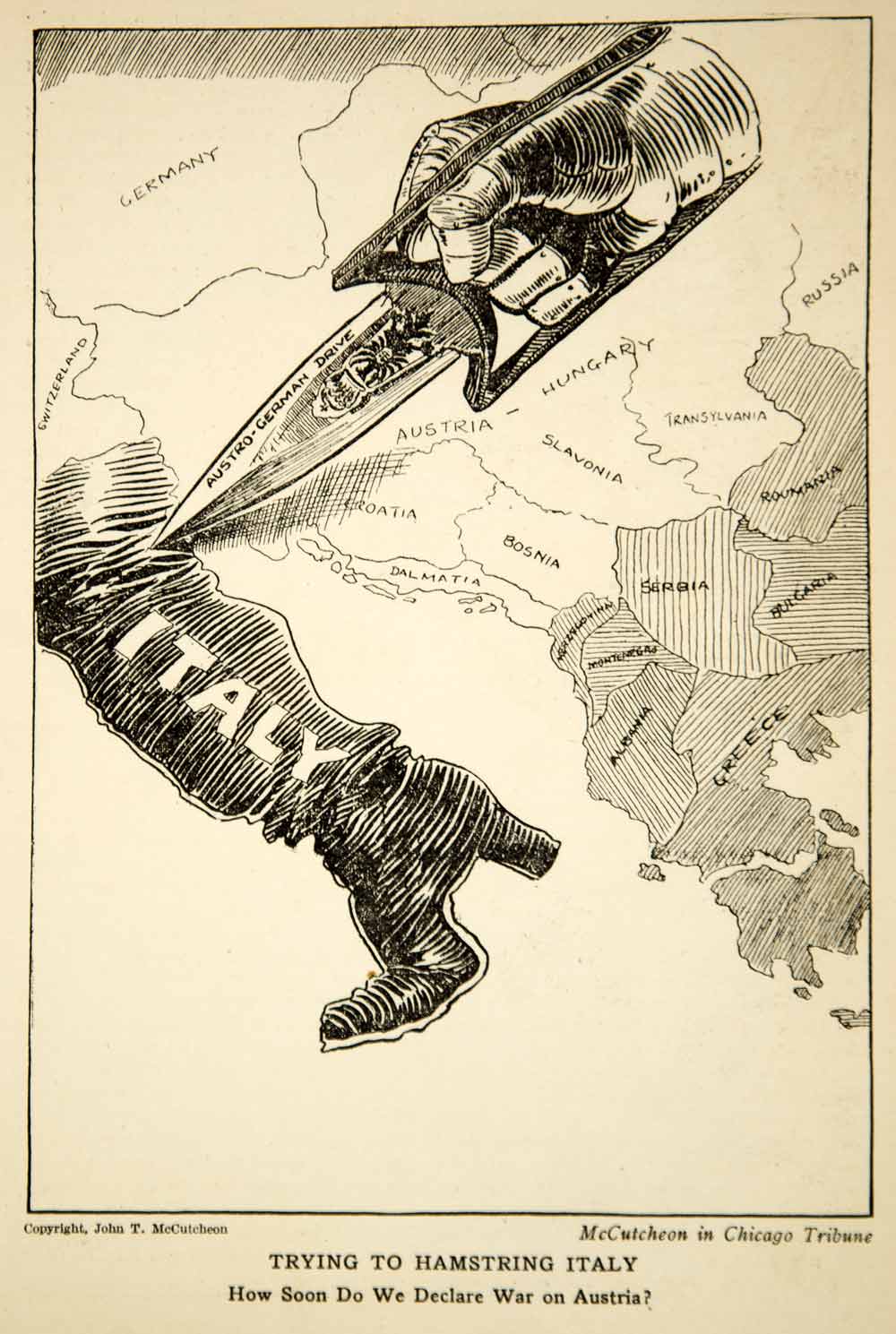 1917 Print WWI Cartoon John Tinney McCutcheon Art Italy Boot Austro-German Drive