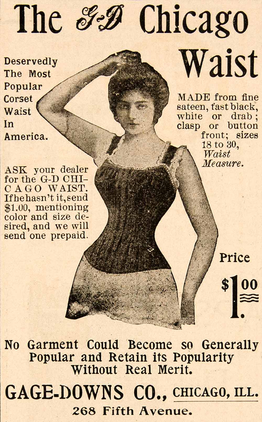 1898 Ad Gage Down Company Chicago Waist Corset Fashion Women Lingerie YDL1