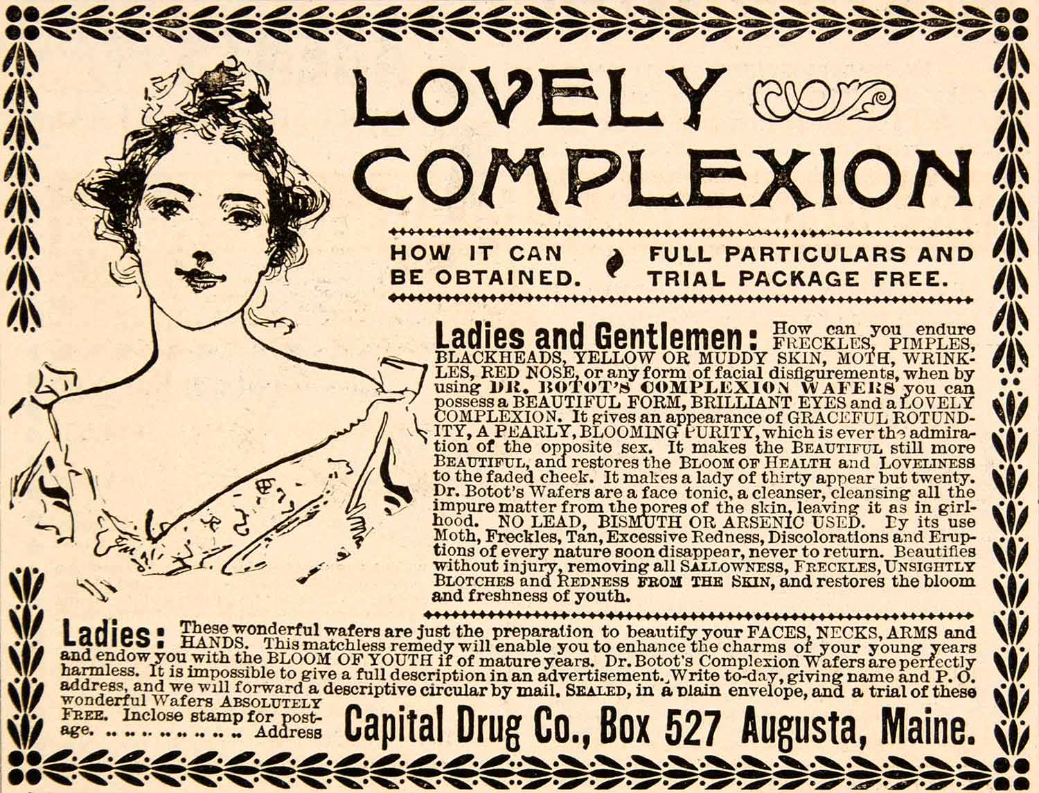 1898 Ad Botot Complexion Wafer Capital Drug Company Augusta Maine Health YDL1