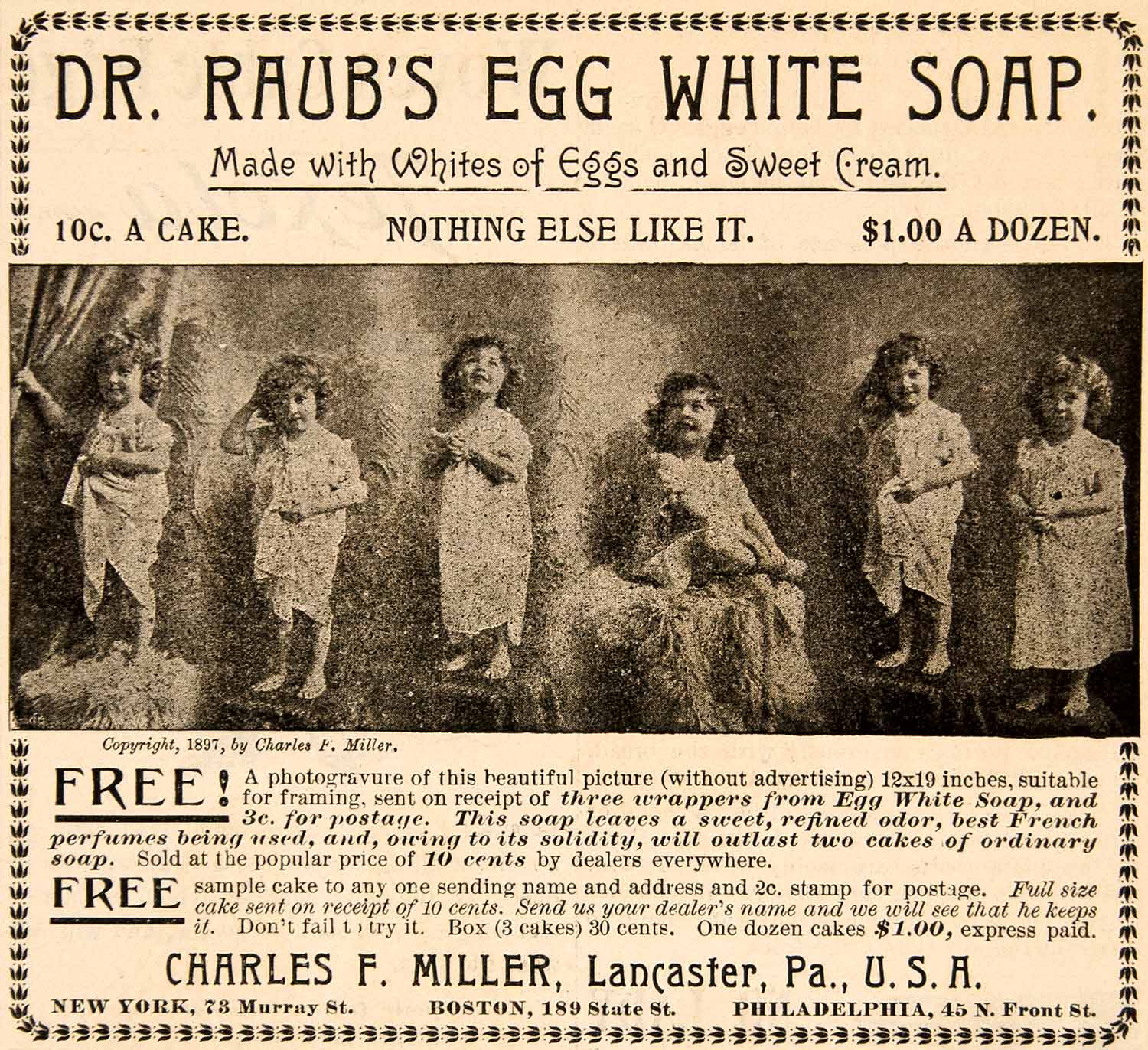 1898 Ad Doctor Raub Egg White Soap Sweet Cream Charles F. Miller Lancaster YDL1