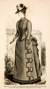 1886 Wood Engraving Fashion Costume Clothing Victorian Woman Dress Hat Fan YDL1