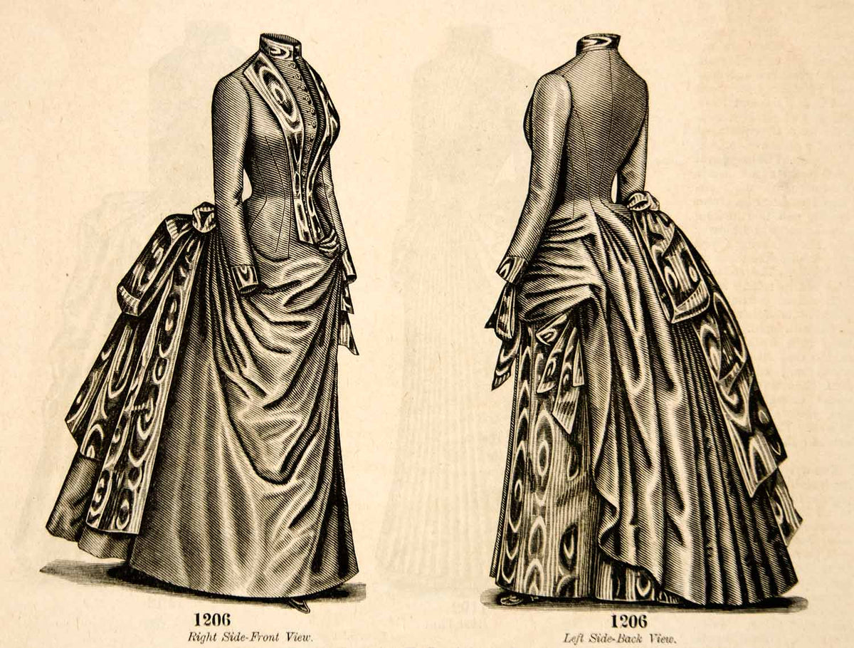 1886 Wood Engraving Victorian Woman Gown Clothing Costume Fashion Bust ...