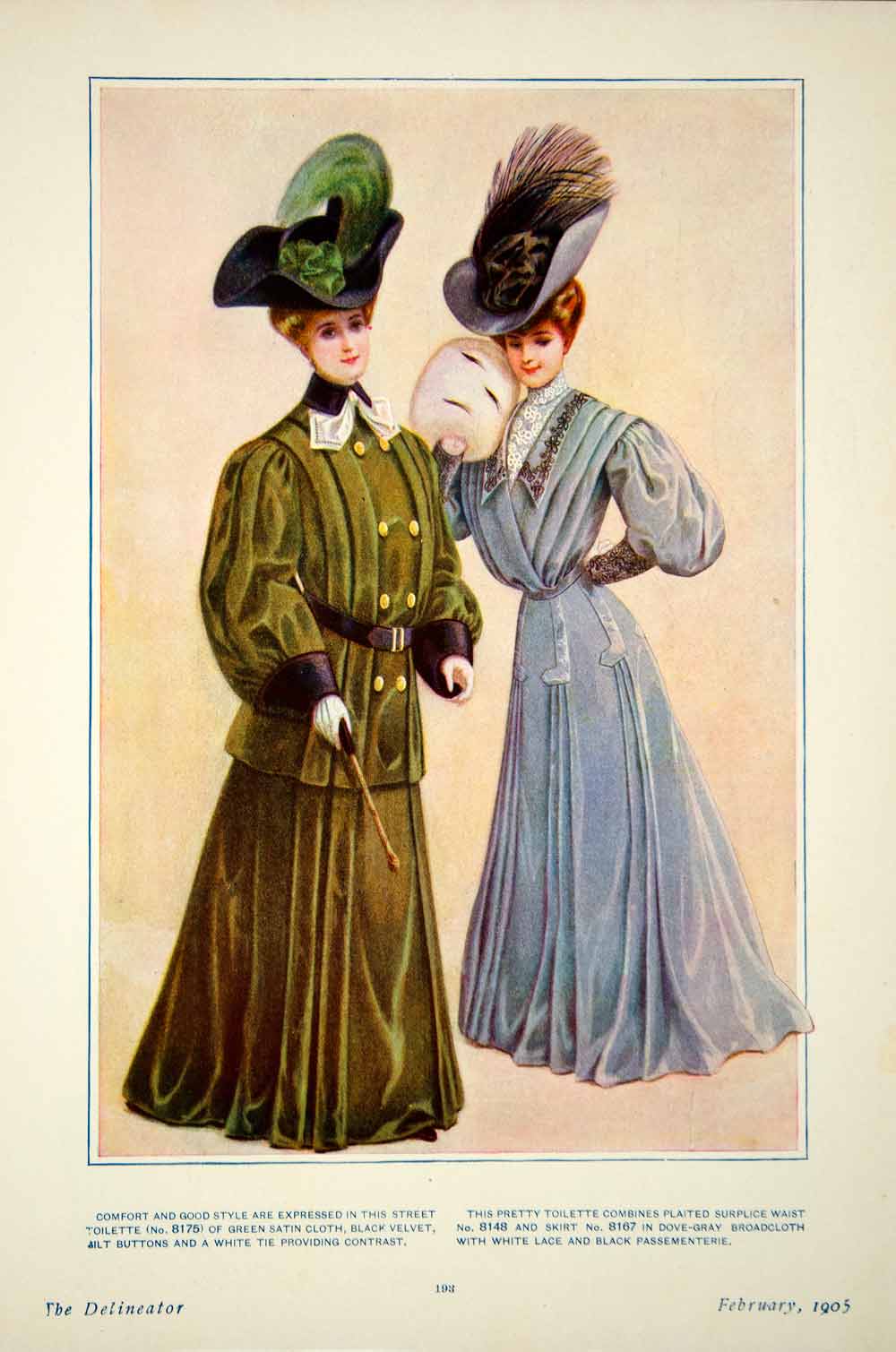 1905 Color Print Edwardian Clothing Female Green Satin Cloth Black Velvet YDL2