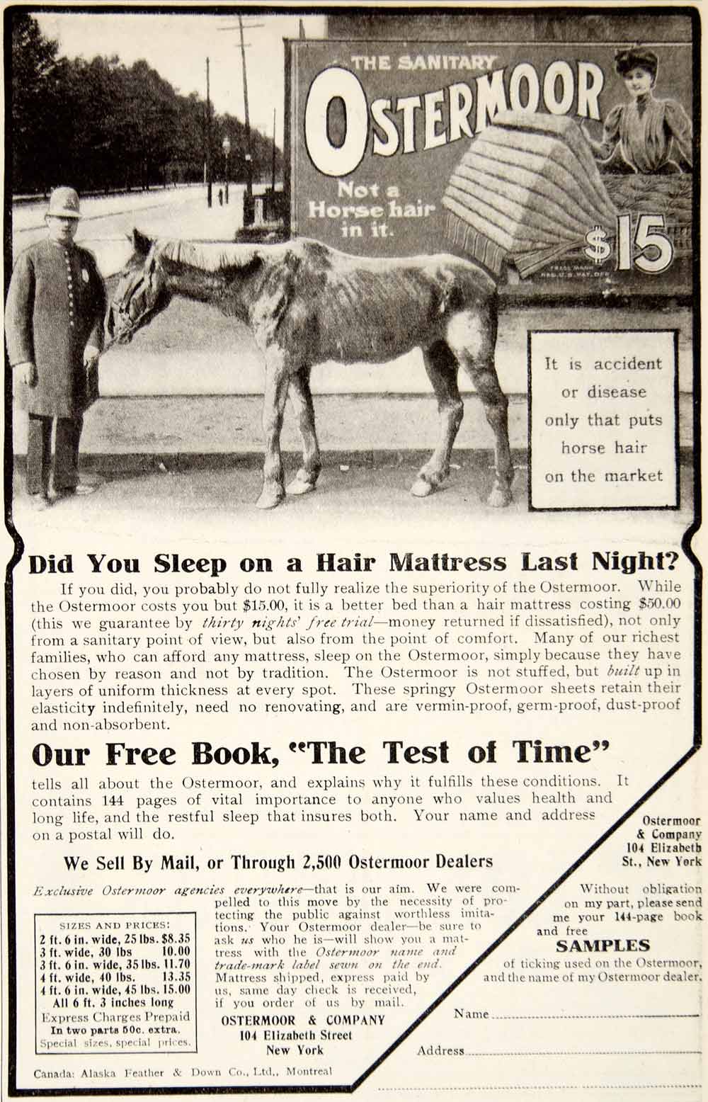 1906 Ad Ostermoor Horse Hair Mattress 104 Elizabeth St New York Sleep Bed YDL3