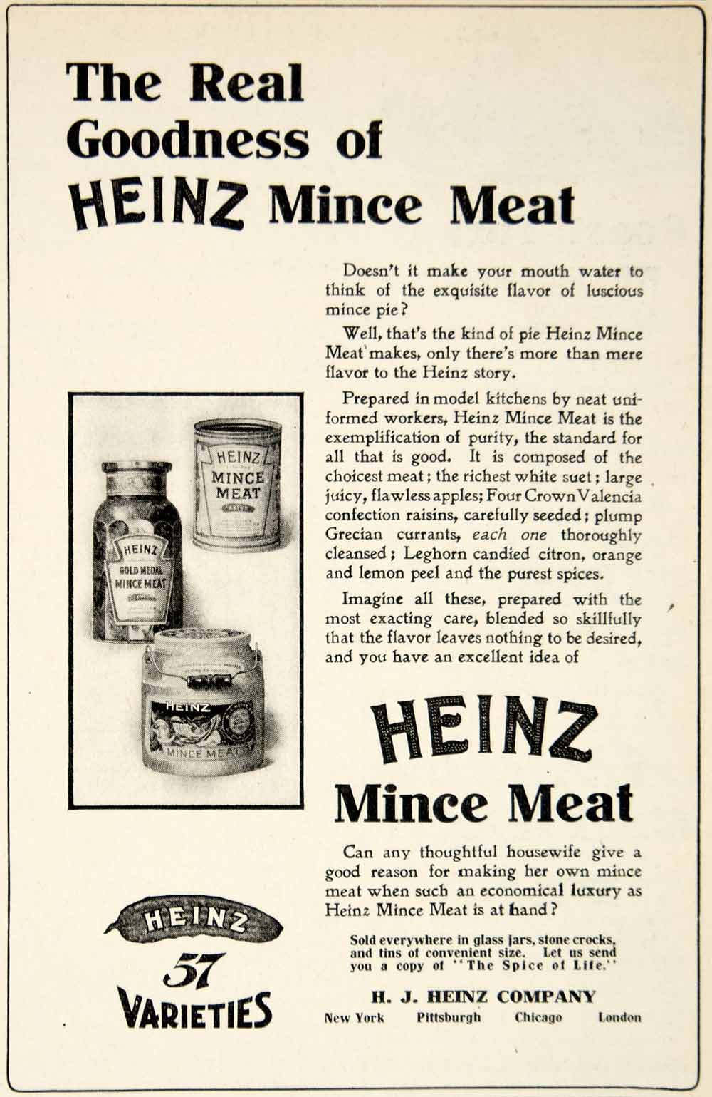 1906 Ad HJ Heinz Mince Meat Can Pie Ingredient Food Apple White Suet Raisin  YDL3