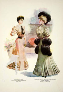 1907 Color Print Fashion Costume Clothing Dress Fur Hat Muff Edwardian YDL4
