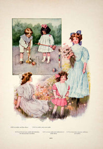 1907 Color Print Fashion Costume Clothing Edwardian Children Park Play YDL4