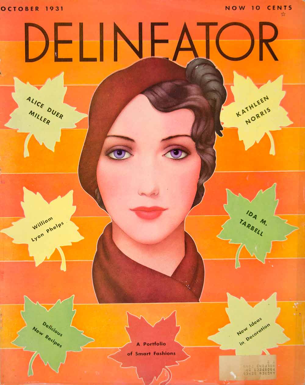 1931 Cover Delineator Art Dynevor Rhys Autumn Maple Leaf Woman Fashion YDL6