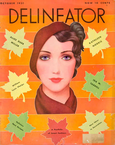 1931 Cover Delineator Art Dynevor Rhys Autumn Maple Leaf Woman Fashion YDL6