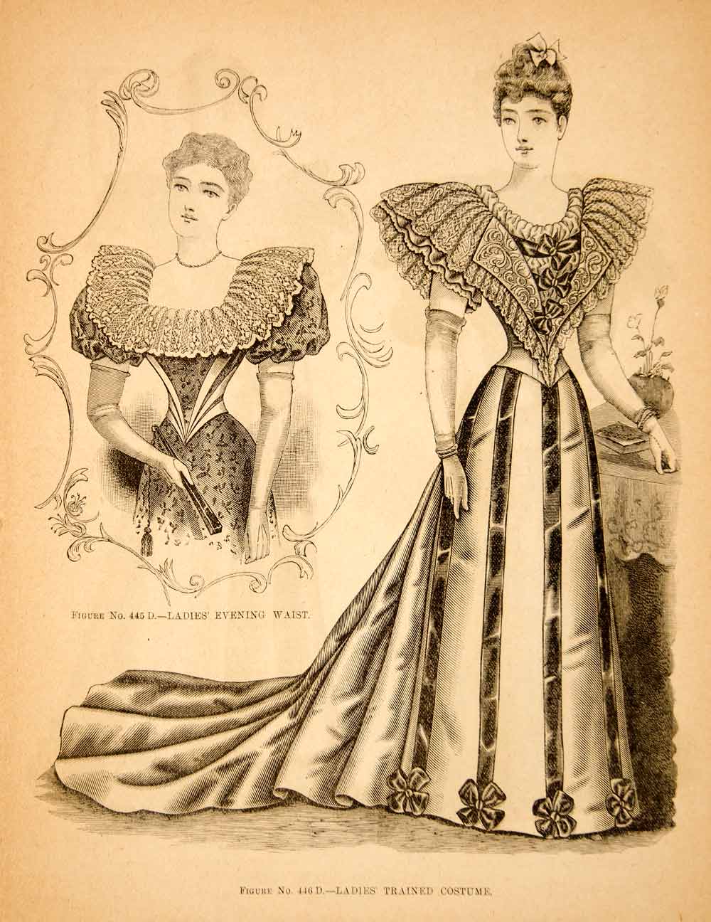 1893 Wood Engraving Portrait Fashion Victorian Woman Costume Clothing Dress YDL7