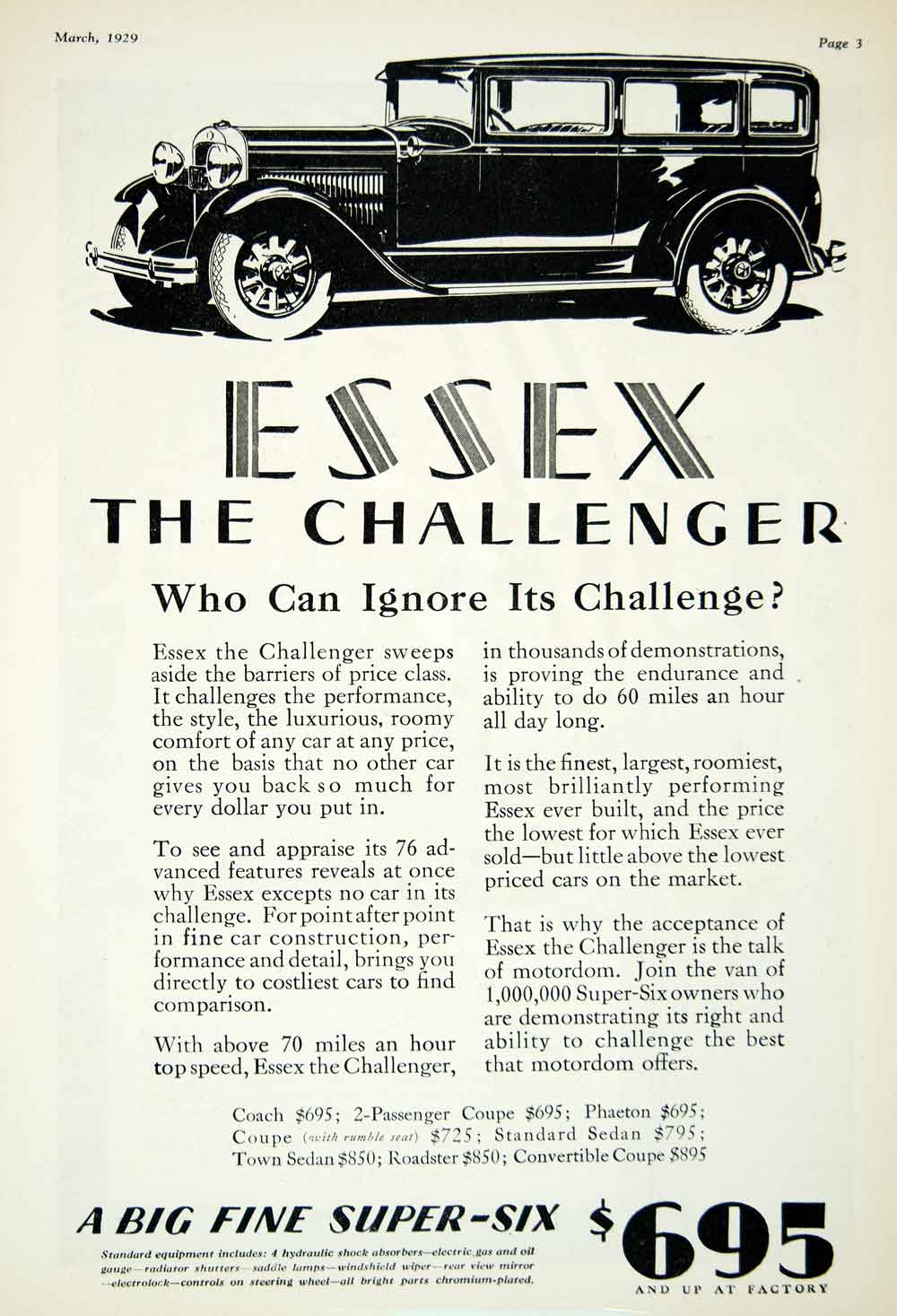 1928 - Essex Super Six 4 Door Sedan Automobile Advertisement