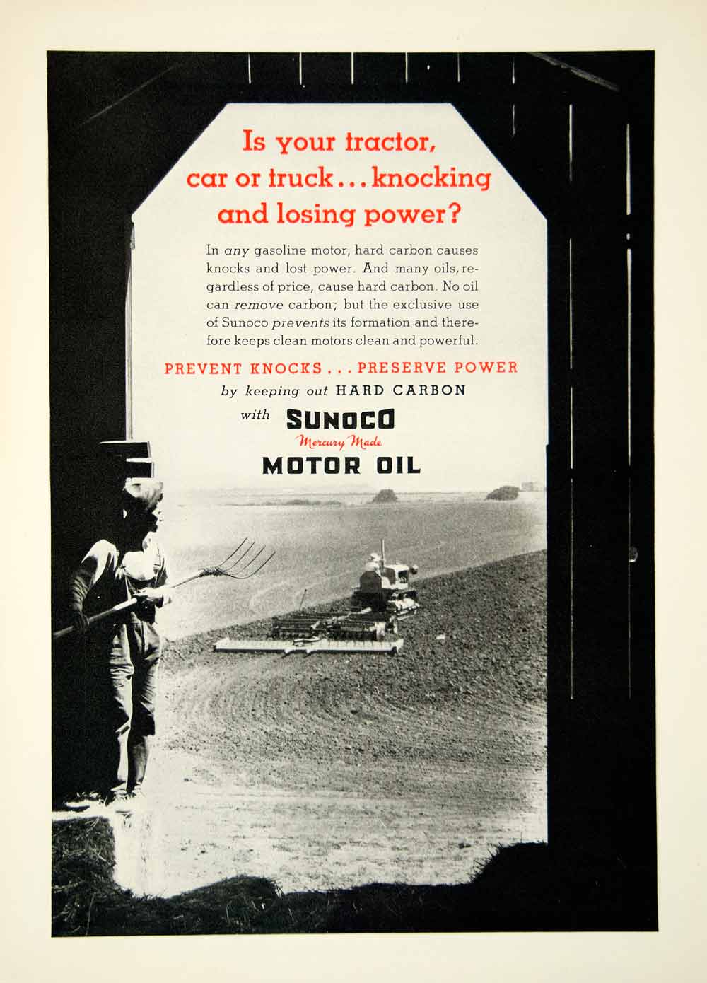 1936 Ad Sunoco Motor Oil Tractor Car Truck Automotive Farm Field Mercury YFJ1