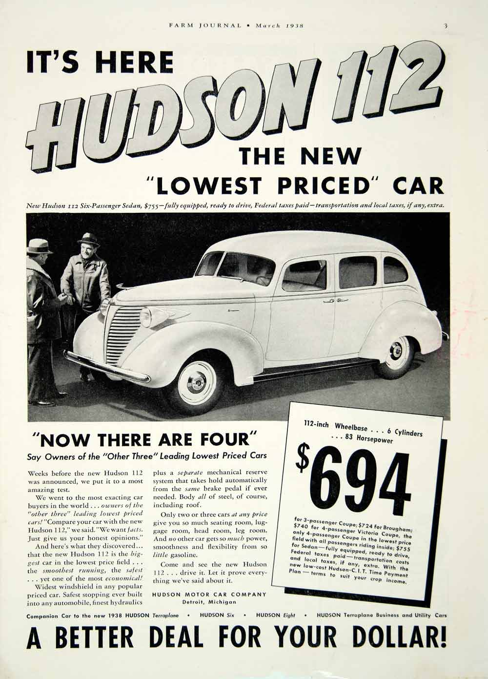 1938 Ad Hudson 112 4 Door Sedan Classic Car V6 Engine Terraplane Collector YFJ1