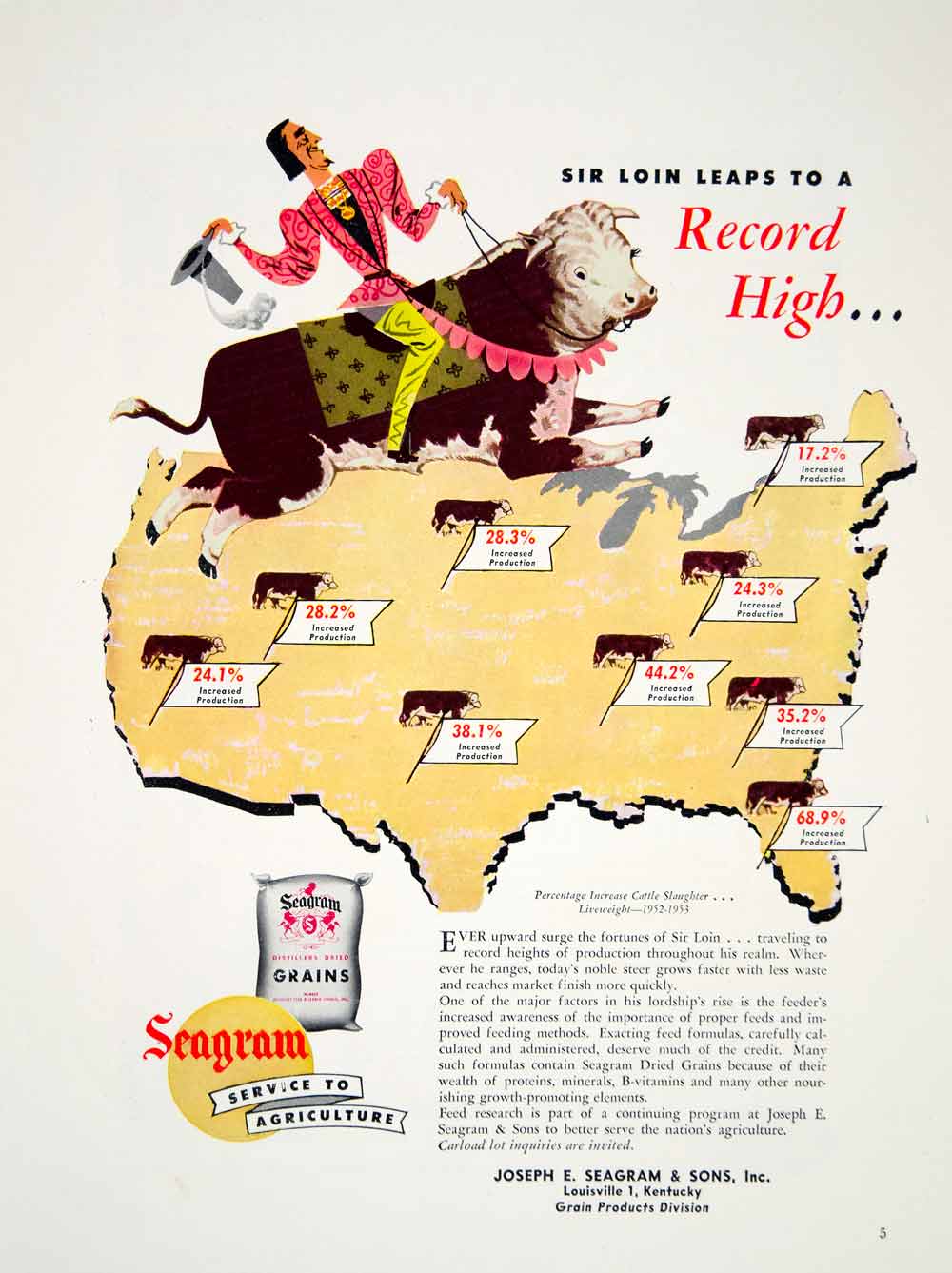 1955 Ad Sir Loin Beef United States Joseph E. Seagram Grains Cattle Feed YFQ1