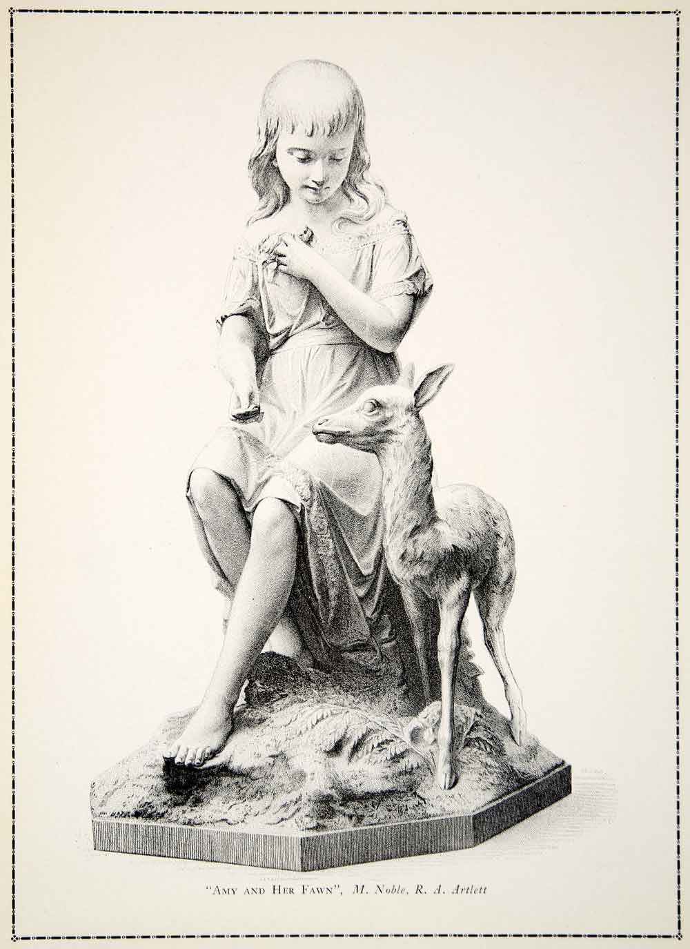 1910 Print Amy Fawn Noble Girl Deer Child Statue Neoclassical Fern Artlett YFS1