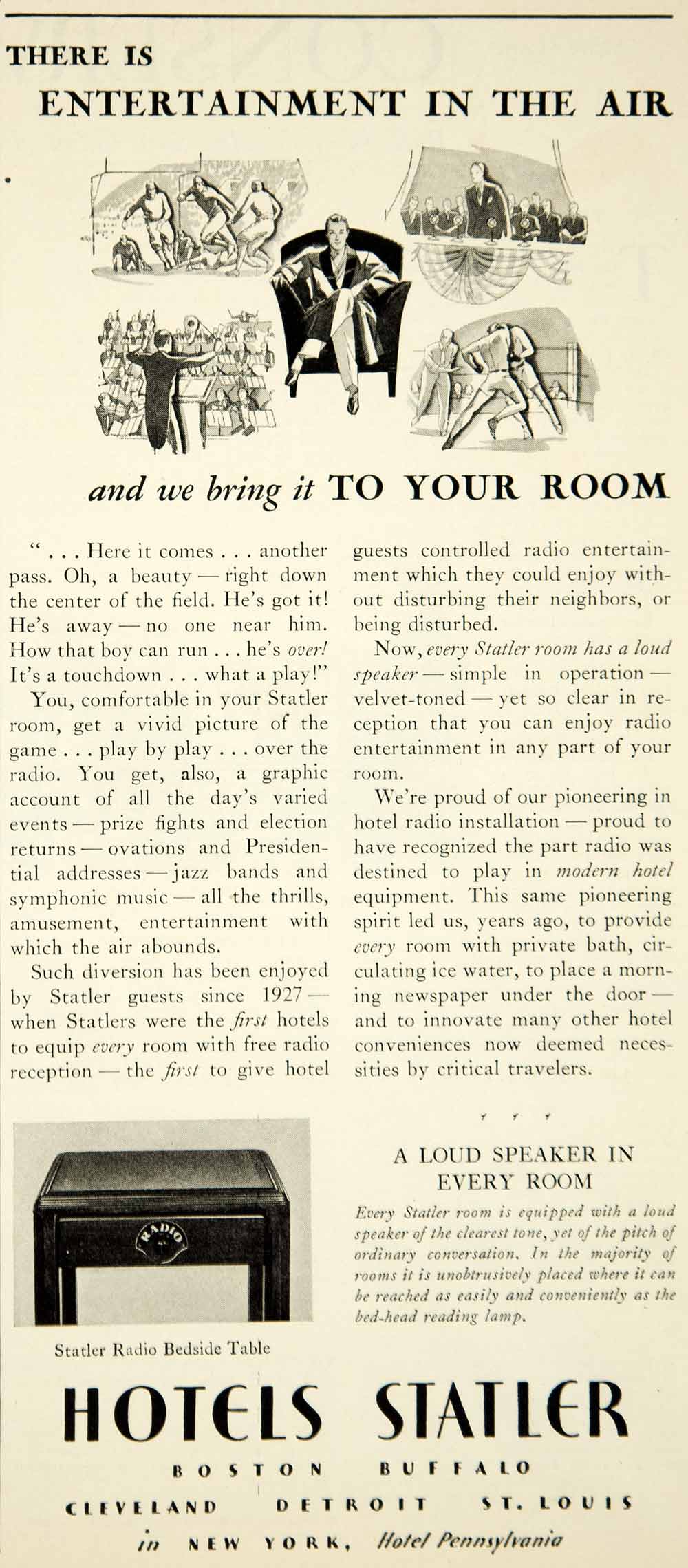 1931 Ad Hotels Statler Radio Bedside Table Furniture Travel Tourism Mo ...