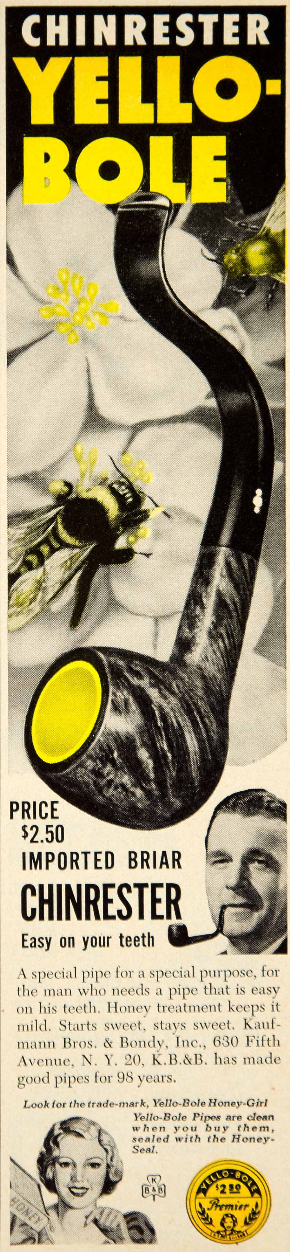 1949 Ad Yello-Bole Briar Chinrester Pipe Smoking Tobacco Kauffmann Bros YFS2