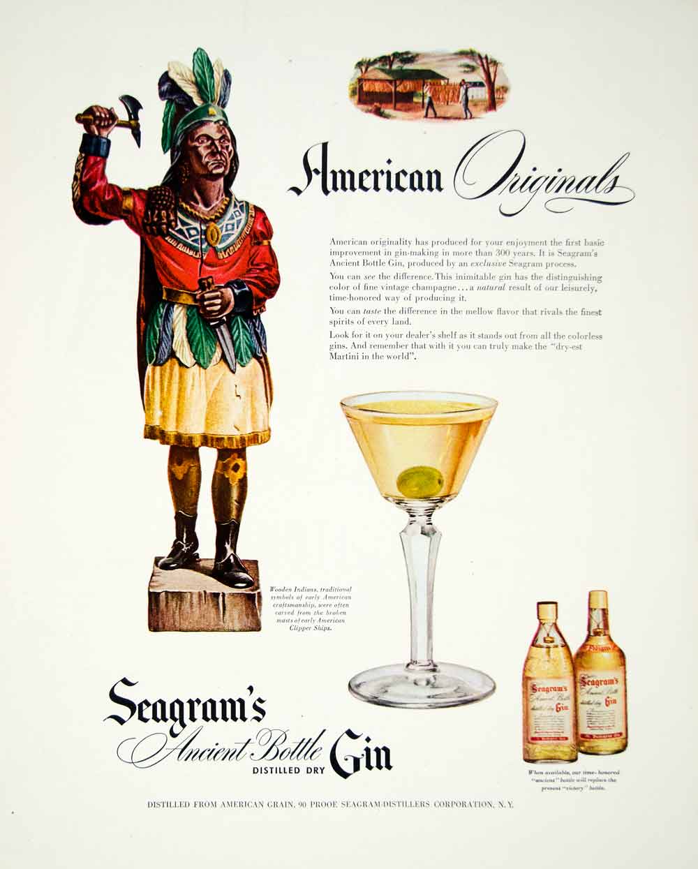 1947 Ad Seagram Ancient Bottle Gin Indian Native American Martini Alcohol YFT3