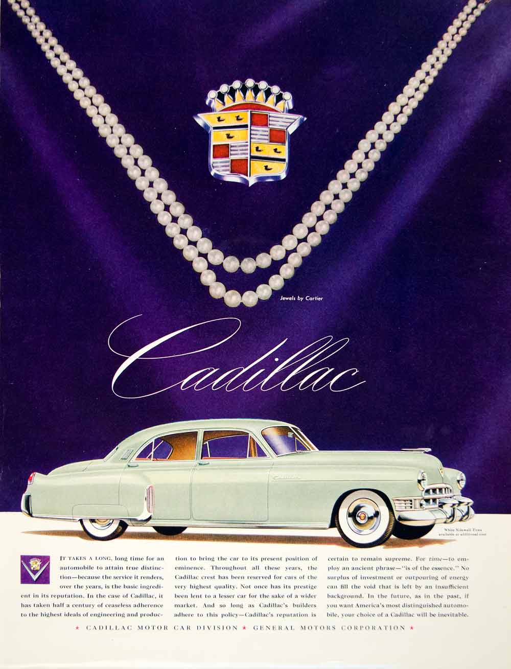 1949 Ad Cadillac Jewelry Pearl Cartier General Motor Company Sidewall Tires YFT4