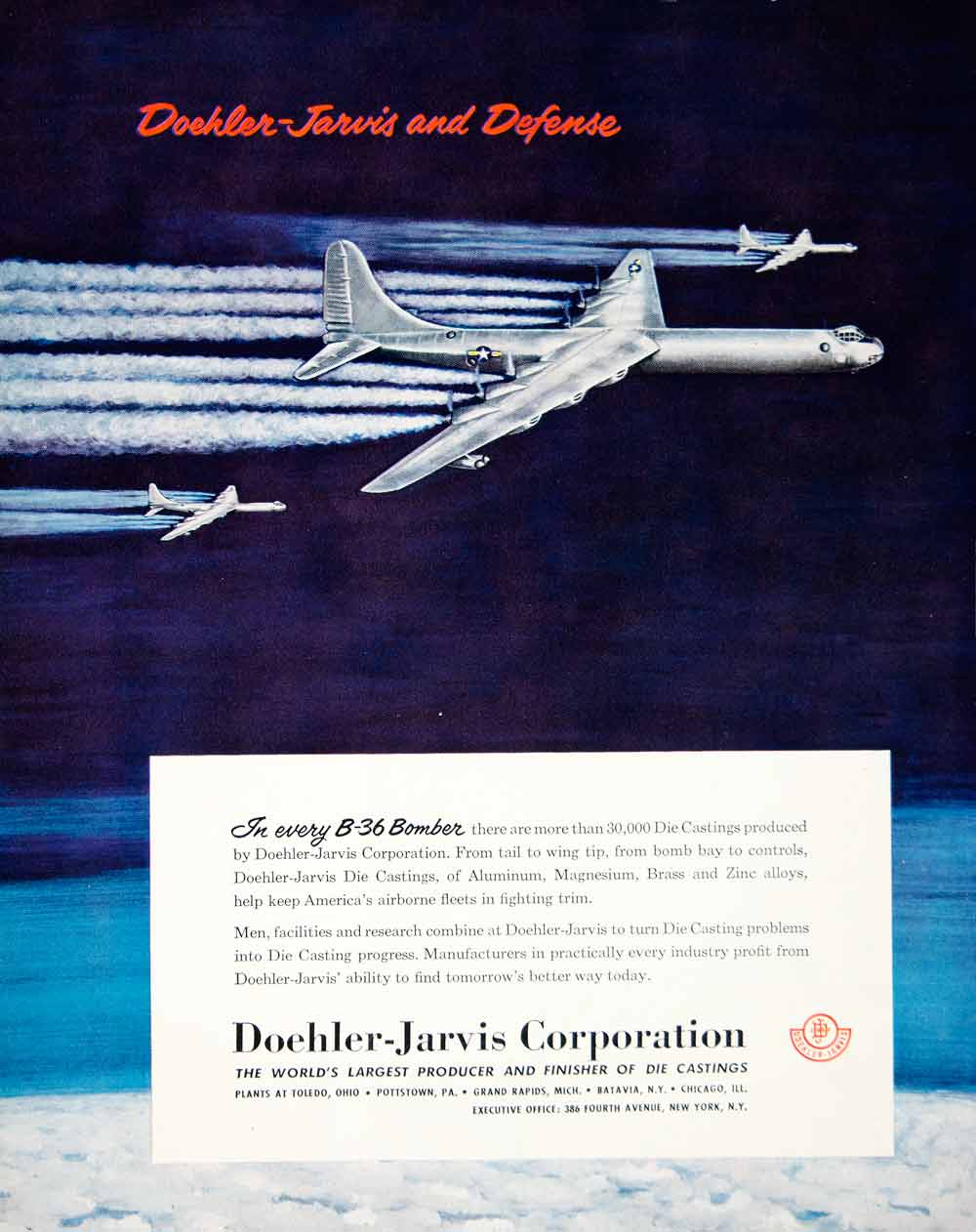 1952 Ad Doehler Jarvis Corporation Die Castings Manufacturer B-36 Bomber YFT9