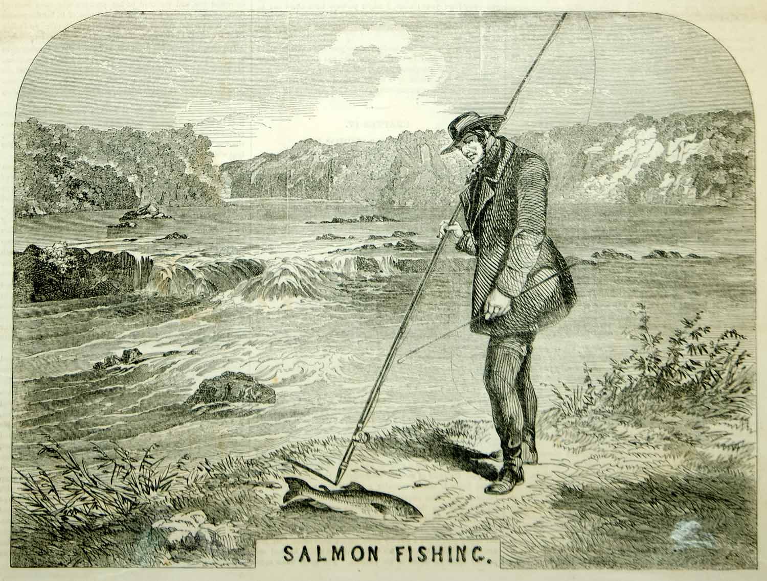 1854 Wood Engraving Salmon Fishing Fish Fisherman River Sport Angling Antique