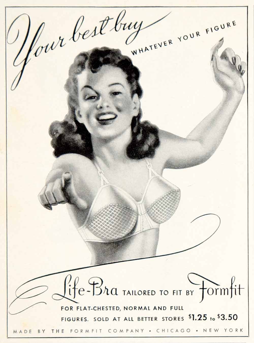 1942 magazine ad for Formfit Life Bras - Little Boy Blue & pinup girl,  colorful