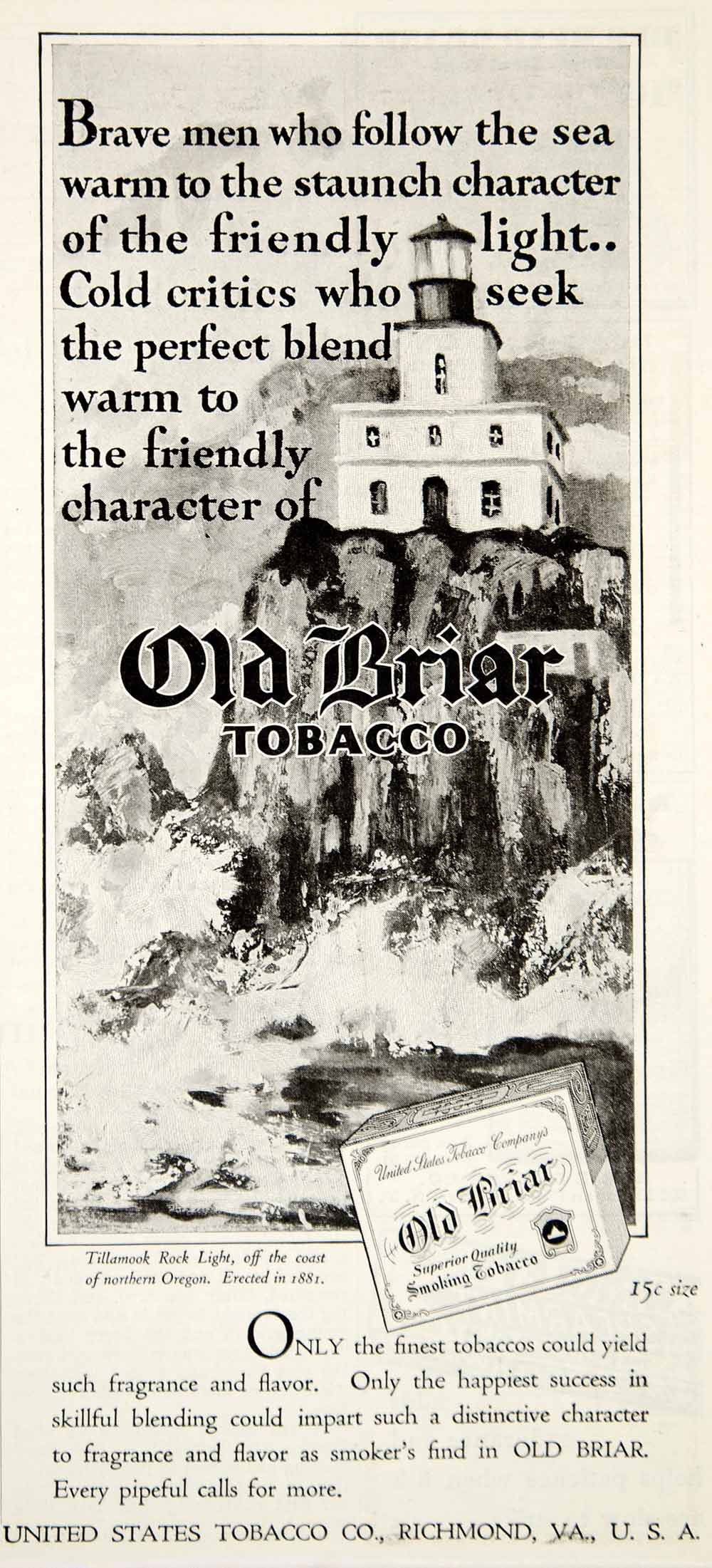 1931 Ad Old Briar Smoking US Tobacco Tillamook Rock Lighthouse Oregon YHF1