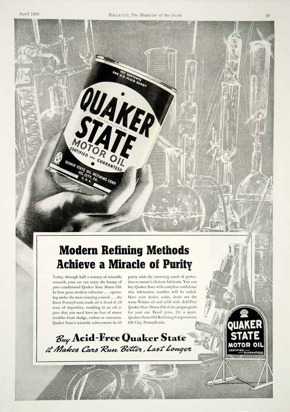 1938 Ad Quaker State Motor Oil Refining Science Microscope Car Automobile YHM3