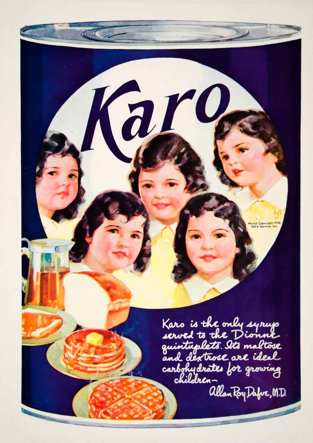 1938 Ad Karo Syrup Dionne Quintuplets Children Waffles Pancakes Breakfast YHM3