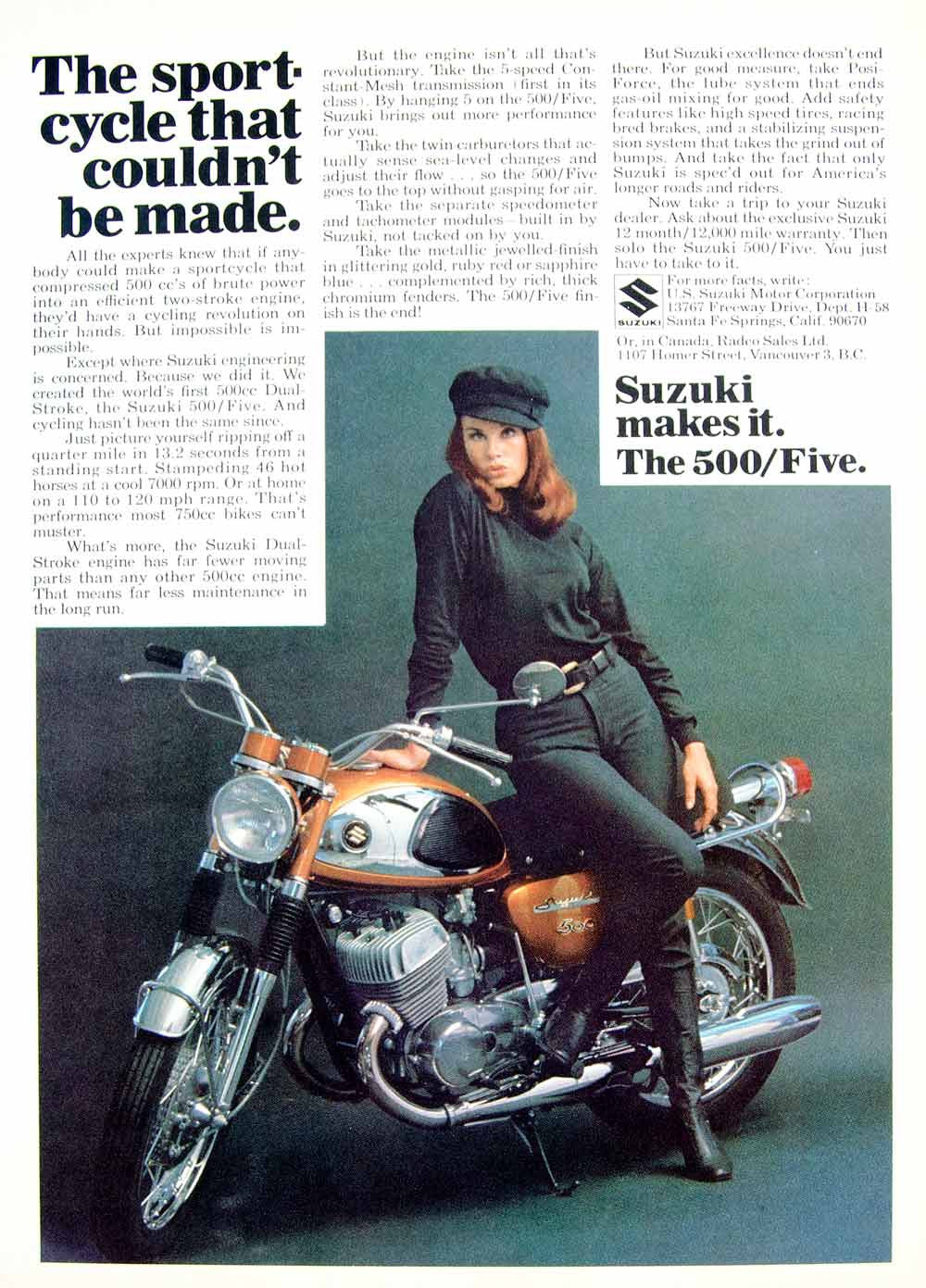 1968 Ad Vintage Suzuki 500 / Five Motorcycle Japanese Bike Biker Chick –  Period Paper Historic Art LLC